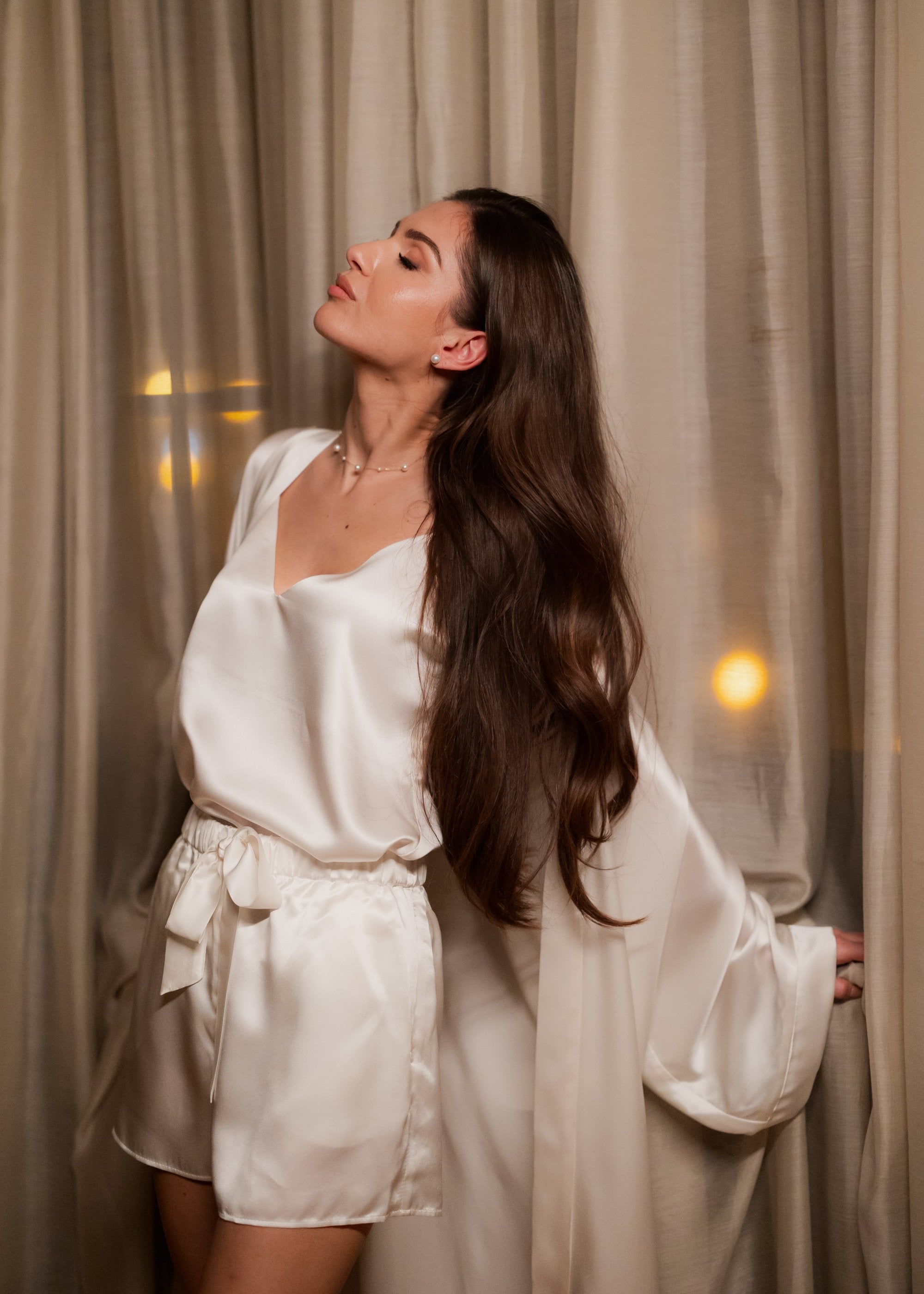 Kratka svilena pidžama - hlače - Pearly White