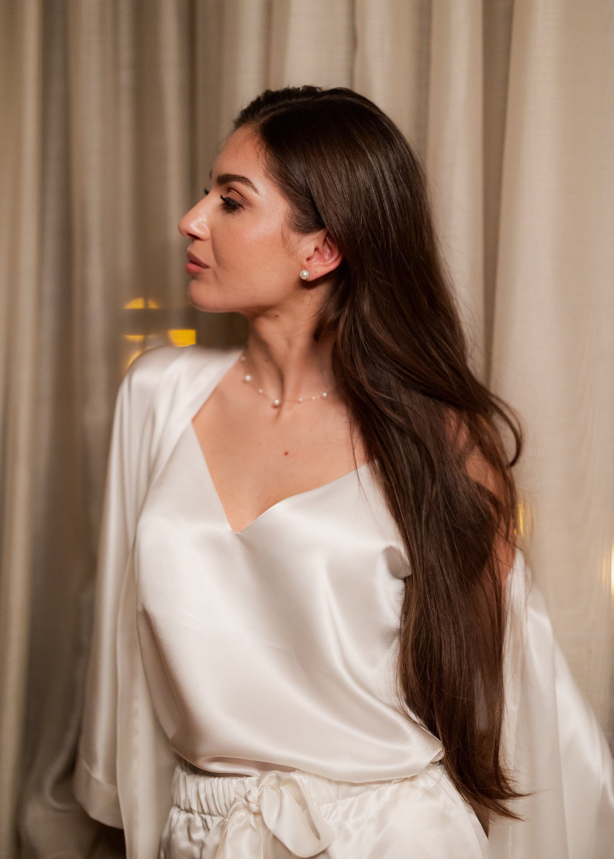 Kratka svilena pidžama - top - Pearly White