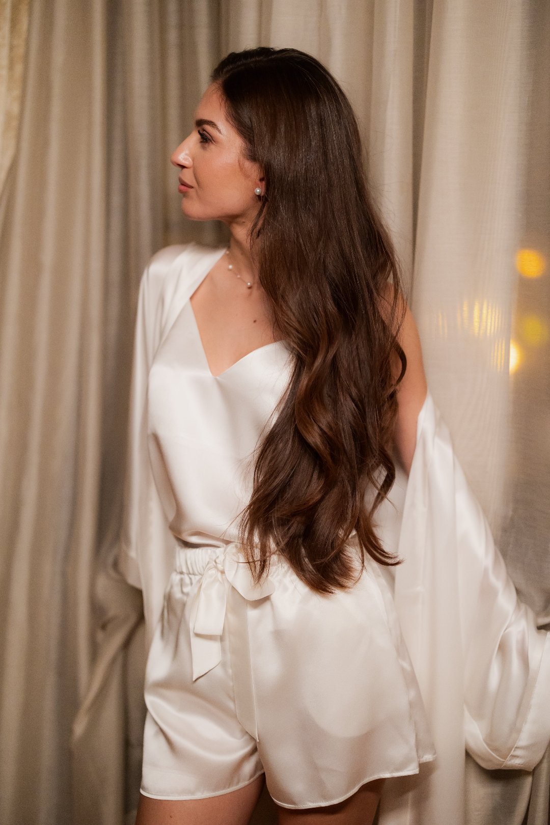 Kratka svilena pidžama - hlače - Pearly White